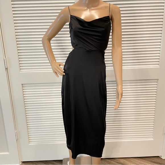 Dresses & Skirts - Black silk midi dress with cowl neckline and adjustable straps